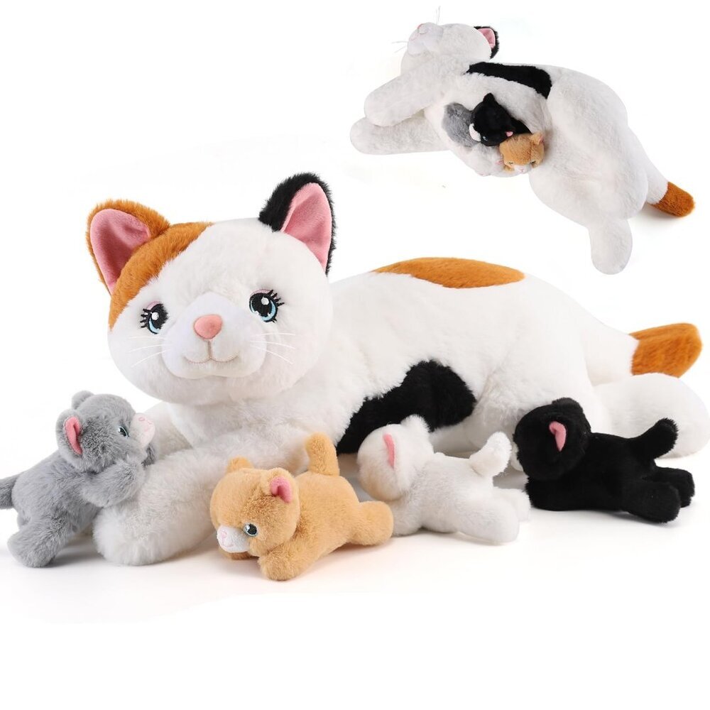 Plush Mommy Cat with Surprise Kittens Inside Soft Cotton Stuffed Animal Toy